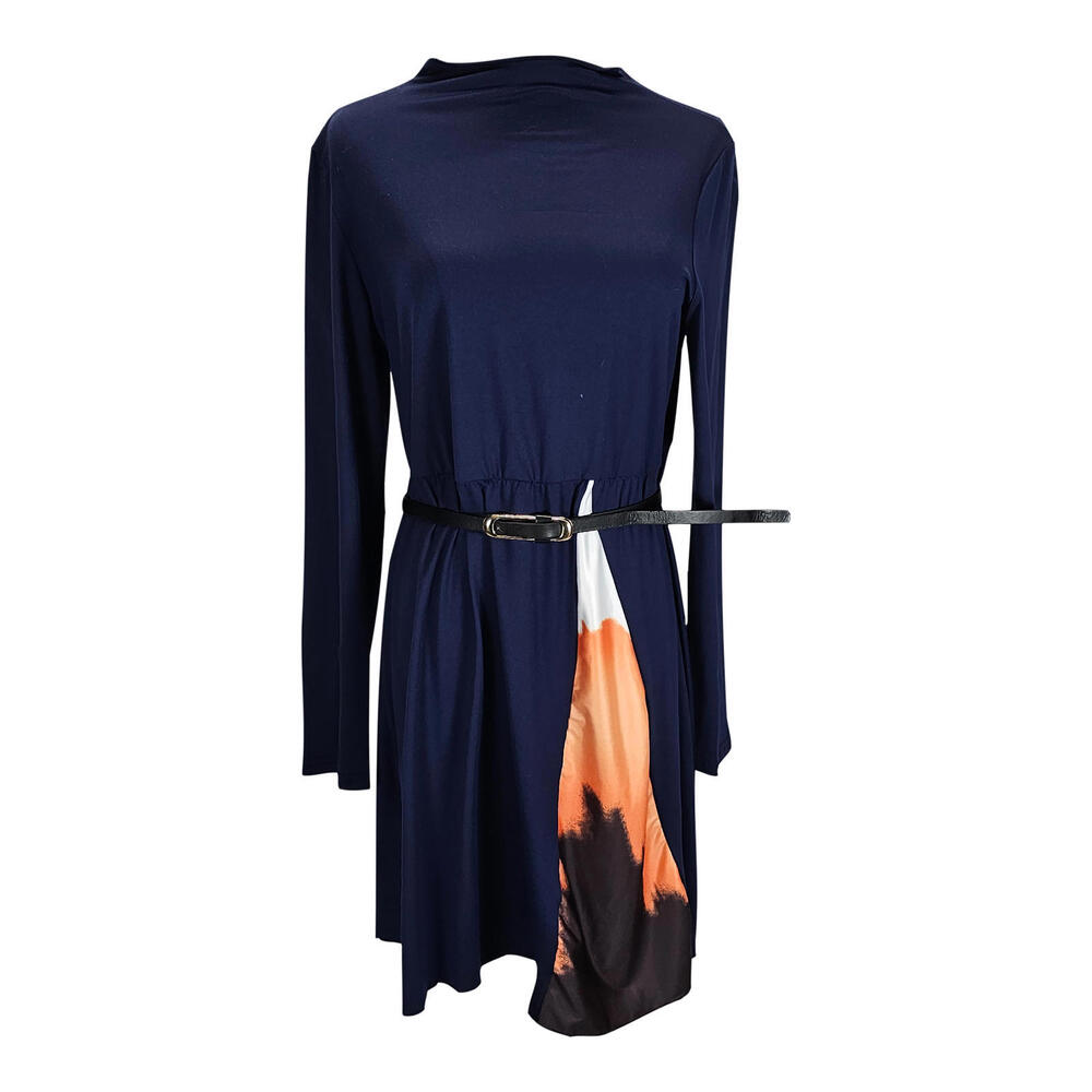 Shein Chic Navy Long Sleeve Dress with Artistic Flair and Belt/XL